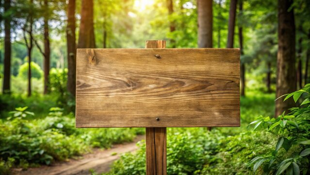 A blank wooden sign hanging on a rustic wooden background in a natural setting