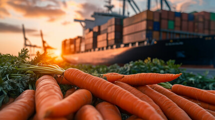 Freshly harvested carrots lying near large shipping containers with a cargo ship in the background, representing global agricultural exports.