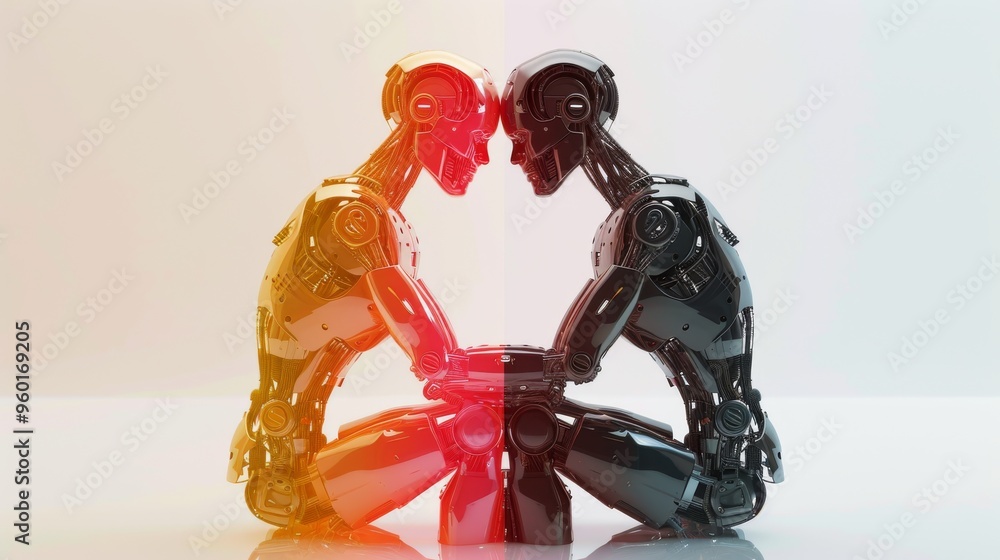 Poster two advanced humanoid robots sit facing each other, reflecting vibrant orange and black hues. the hi