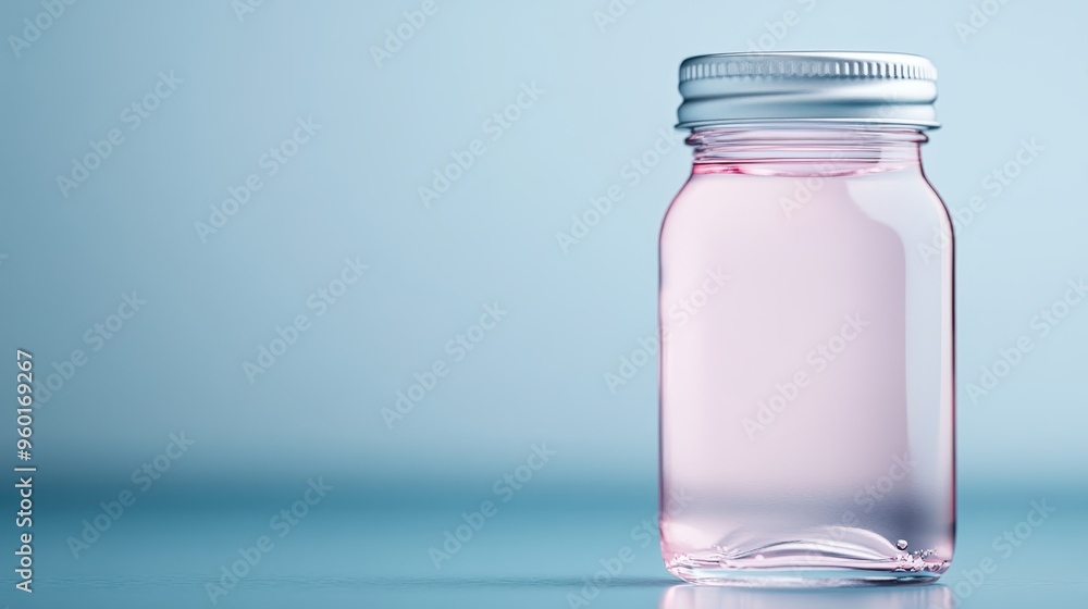 Poster a minimalistic clear jar filled with a light pink liquid placed on a clean, blue surface, creating a
