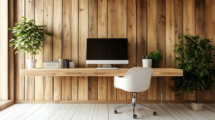 A minimalist home office setup with a wooden accent wall, sleek desk, modern chair, and indoor plants, creating a natural and serene workspace.