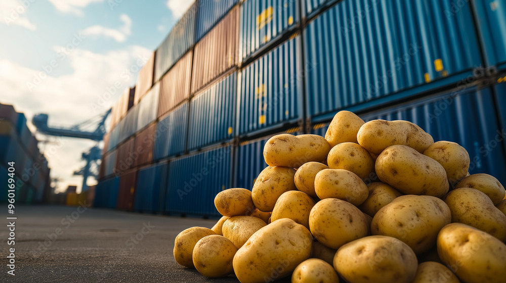 Poster a heap of potatoes beside a stack of containers at a busy shipping port, symbolizing the global dist