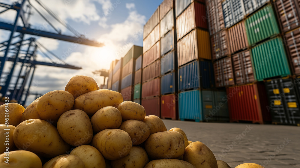 Poster a heap of potatoes beside a stack of containers at a busy shipping port, symbolizing the global dist