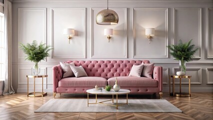 Romantic living room with a pink sofa and fresh interior design