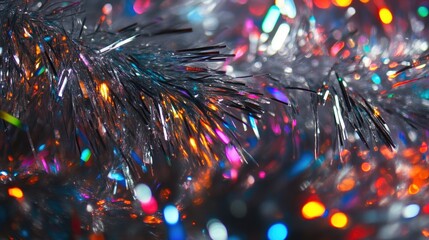 Silver Tinsel Background Highlighted by Multicolored Lights