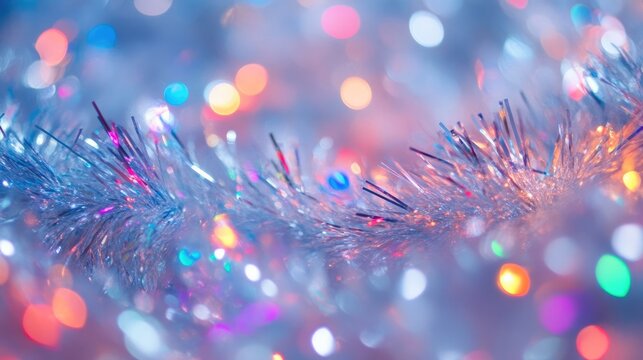 Shimmering Silver Tinsel Close-Up with Vibrant Light Effects - Powered by Adobe