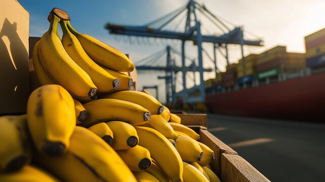 Bunches of bananas lying next to containers near a cargo ship, poised for international shipment.