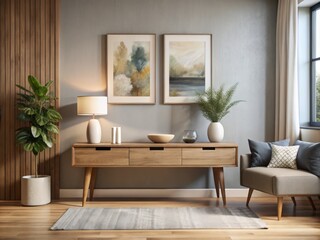 The console table's simple design harmonizes with the beige sofa and vibrant abstract artwork in a modern living