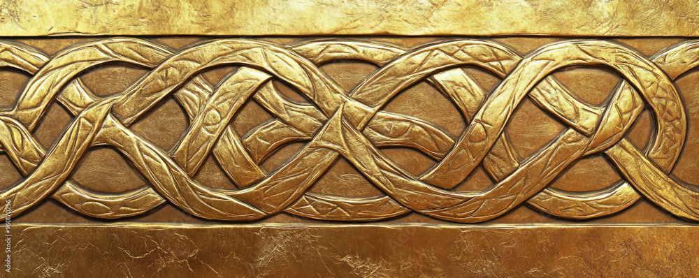 Aufkleber a gold textured surface with intricate, celtic knotwork patterns engraved into the metal, adding a t