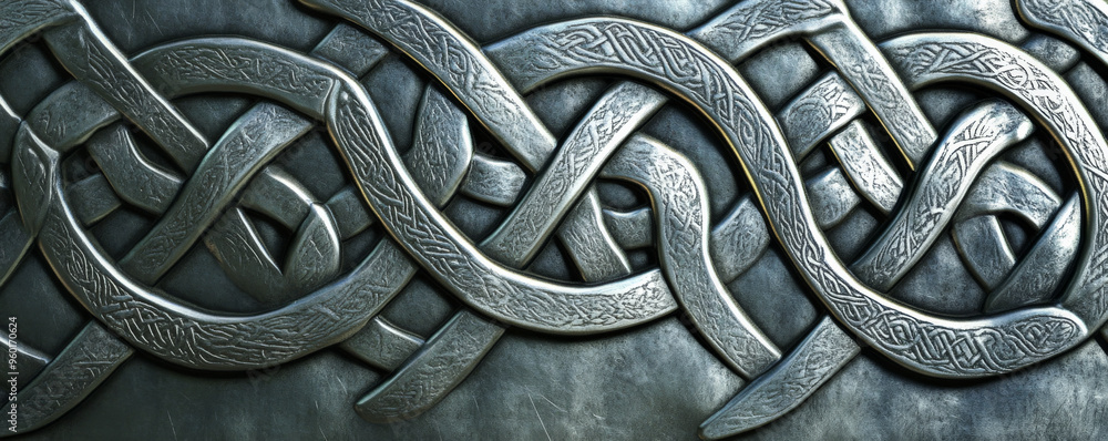 Poster a silver textured surface with intricate, celtic knotwork engravings, adding a touch of ancient craf