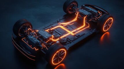 Fototapeta na wymiar An electric vehicle battery and motor, with glowing orange lines indicating the flow of electricity through its components.