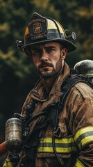 Naklejka premium A firefighter holding a hose, focused and determined
