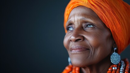 An elderly woman wearing vibrant orange traditional attire and jewelry, smiling and gazing upwards with a serene expression against a dark background.