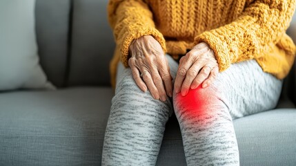 Fototapeta premium Elderly Woman with Knee Pain Sitting on Couch in Cozy Living Room, Highlighting Joint Pain and Arthritis