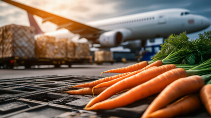 Fresh carrots lying beside a cargo plane, illustrating the international food supply chain.