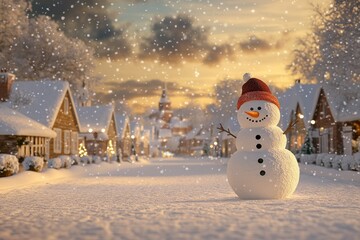 Obraz premium Snowman Standing in a Snowy Village at Sunset