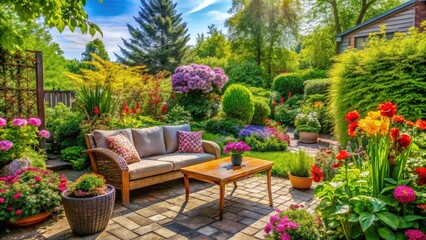 Lush garden and patio with colorful flowers, green foliage, and cozy furniture in full bloom during a sunny spring day