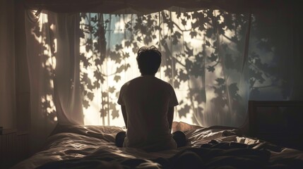 A man sits on a bed in a dimly lit room, his silhouette framed against a window with shadows of tree branches. The scene conveys solitude and contemplation, creating a calm yet introspective mood.