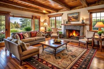 Naklejka premium The cozy ranch-style living room features wooden furniture, a vibrant patterned rug, and a stunning antique fireplace