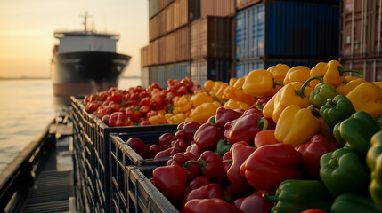 A collection of peppers beside a cargo ship, symbolizing the international trade of fresh produce.