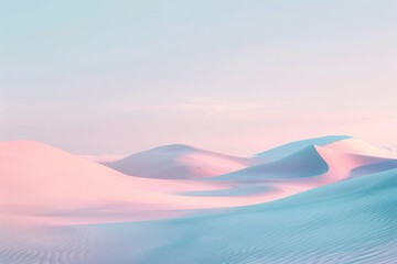 A vast, empty desert landscape with rolling sand dunes under a pale blue sky