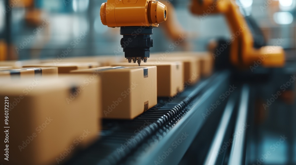 Poster a modern warehouse scene showcasing a range of robotic arms working on packaging and moving boxes al