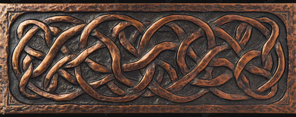 Poster a bronze textured surface with intricate, celtic knotwork patterns engraved into the metal, adding a