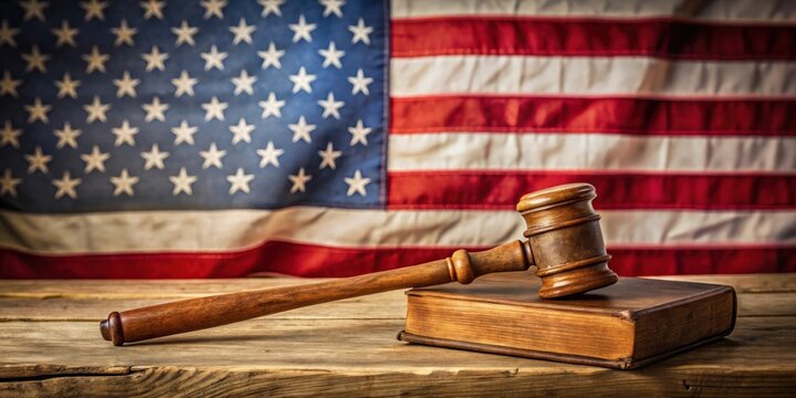 Wooden hammer placed next to an ancient book on American flag background