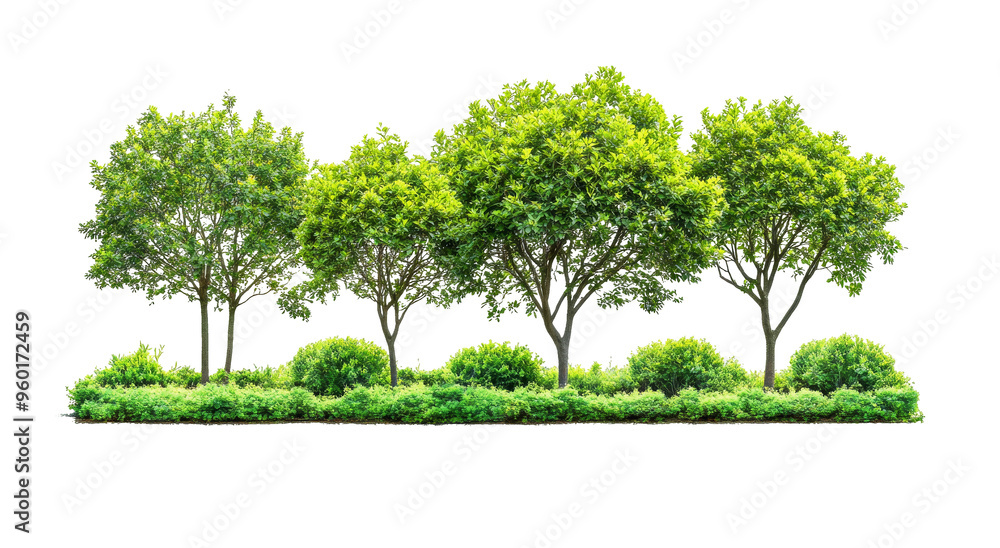 Poster a row of vibrant green trees and shrubs in a natural outdoor setting with a transparent background f