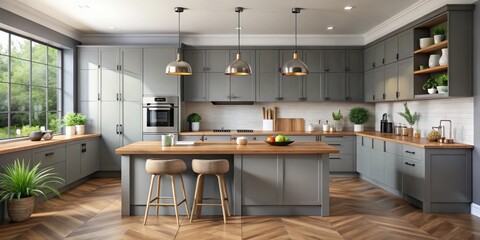 Modern gray kitchen with natural wooden countertops