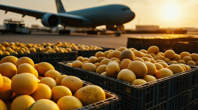 Crates of melons lying next to a cargo plane, prepared for global distribution.