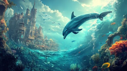 Fototapeta premium Underwater City with Dolphin