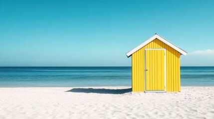 Capturing a yellow beach hut with a white door situated on a sandy shore near the ocean, this image portrays a serene, picturesque setting under a vibrant blue sky.