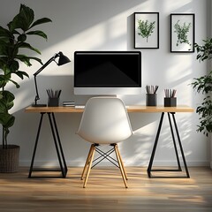 Modern ergonomic office chair paired with minimalist desk and accessories photo