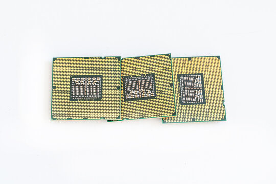 computer set cpu microchip close up on white isolated background
