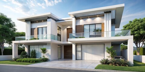 Modern white duplex house with clean lines and spacious design