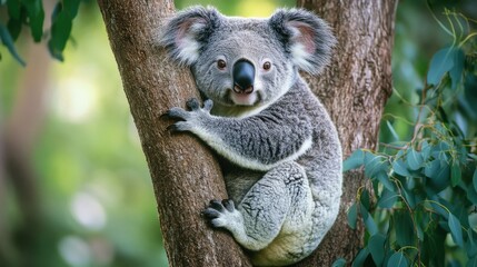 A koala clinging to a eucalyptus tree in an Australian sanctuary, showcasing efforts to preserve native wildlife