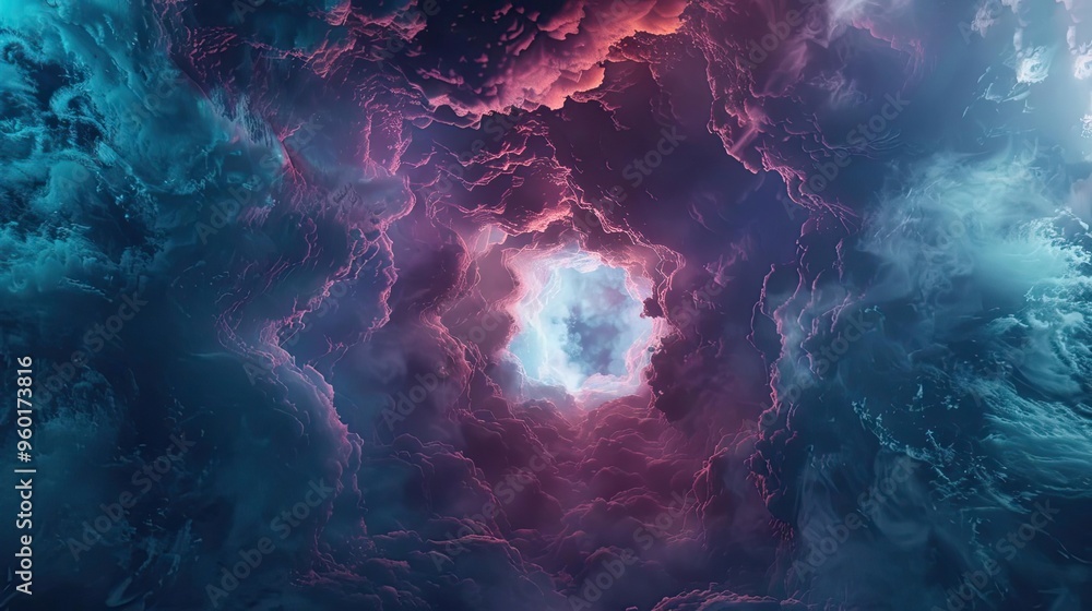 Poster a stunning view of swirling clouds and vibrant colors, creating a mesmerizing cosmic scene with a br