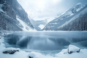Fototapeta premium Frozen Lake Surrounded by Snow-Covered Mountains