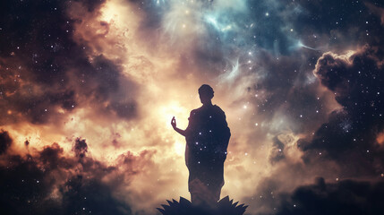 Obraz premium Lord Krishna standing on a lotus, his form glowing ethereally against a dark sky filled with floating stars and galaxies.