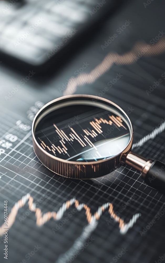 Poster a close-up view of a magnifying glass over a financial graph, illustrating detailed analysis and dat