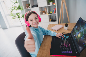 Photo of pretty cheerful glad girl user sitting table with computer recommend modern technology...