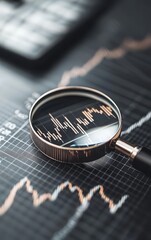 A close-up view of a magnifying glass over a financial graph, illustrating detailed analysis and data visualization.
