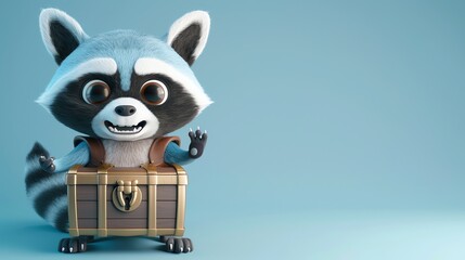 A cute cartoon raccoon with a big smile standing next to a treasure chest, against a blue background.
