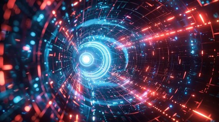 A vibrant digital tunnel with swirling blue and red lights, creating a futuristic and immersive experience.