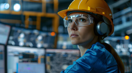 female factory supervisor wearing helmet, safety glasses and mufflers,  equipment observing manufacturing process in plant