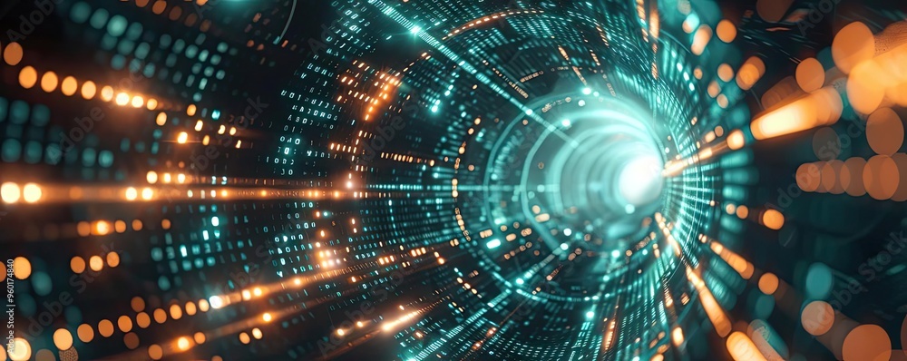 Aufkleber futuristic digital tunnel with glowing lights and data streams, representing technology and innovati