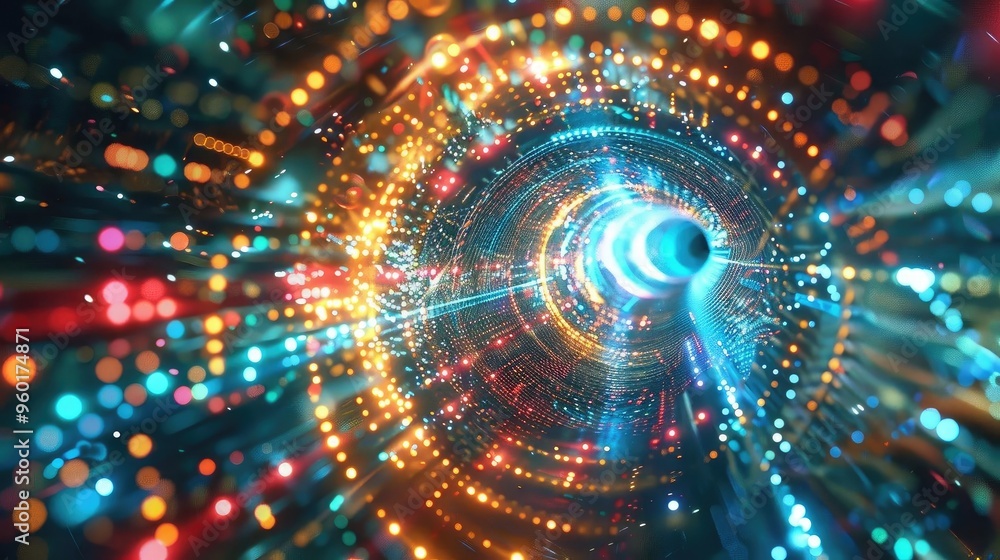 Poster a stunning abstract representation of light trails and vibrant colors, creating a mesmerizing vortex