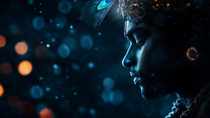 Krishna's figure glowing against a dark sky, with the subtle outline of a peacock feather faintly visible in the background.