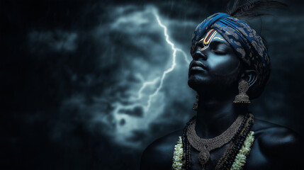 Krishna's figure glowing softly against a dark, stormy sky with flashes of distant lightning highlighting his divine form.